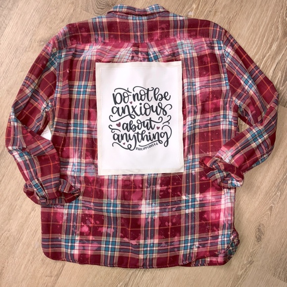 Tops - Custom bleached scripture backed plaid shirt